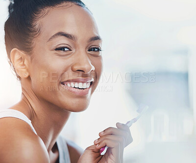 Buy stock photo Brushing teeth, hygiene and portrait of woman in bathroom of home with toothbrush for dental care. Cleaning, oral and teeth whitening with happy person in apartment for morning dentistry routine