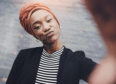 Buy stock photo Portrait, selfie and social media with business woman outdoor on wall background for corporate career. Face, profile picture and turban with professional African employee at workplace for photograph