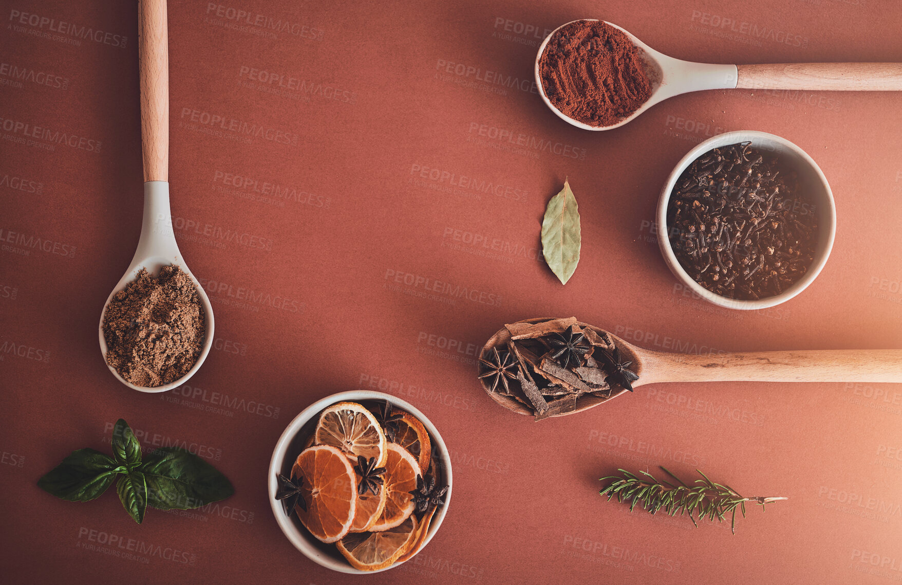 Buy stock photo Healthy, spices and ingredients for meal, food and wooden spoons on studio background. Empty, kitchen utensils and mockup space with seasoning, variety and organic with fine dining, recipe and herbs