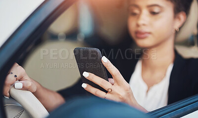 Buy stock photo Woman, driver and car with phone for location, travel or destination on next stop in city street. Female person or chauffeur checking or reading mobile smartphone in vehicle for transport service