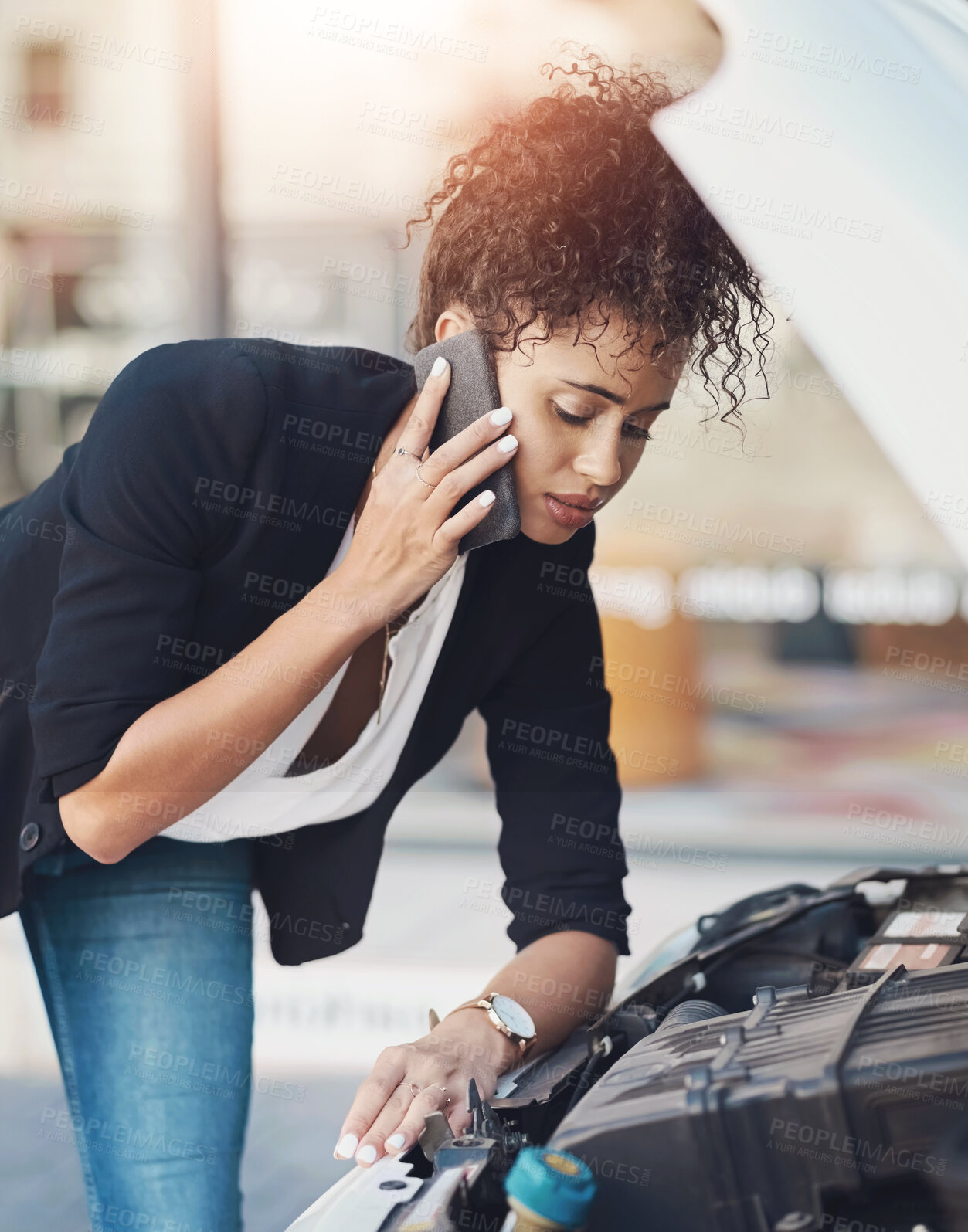 Buy stock photo Woman, battery and phone call for car problem or talking to roadside assistance for auto service. Worker, commute or engine power issue with vehicle on street speaking for help emergency or breakdown