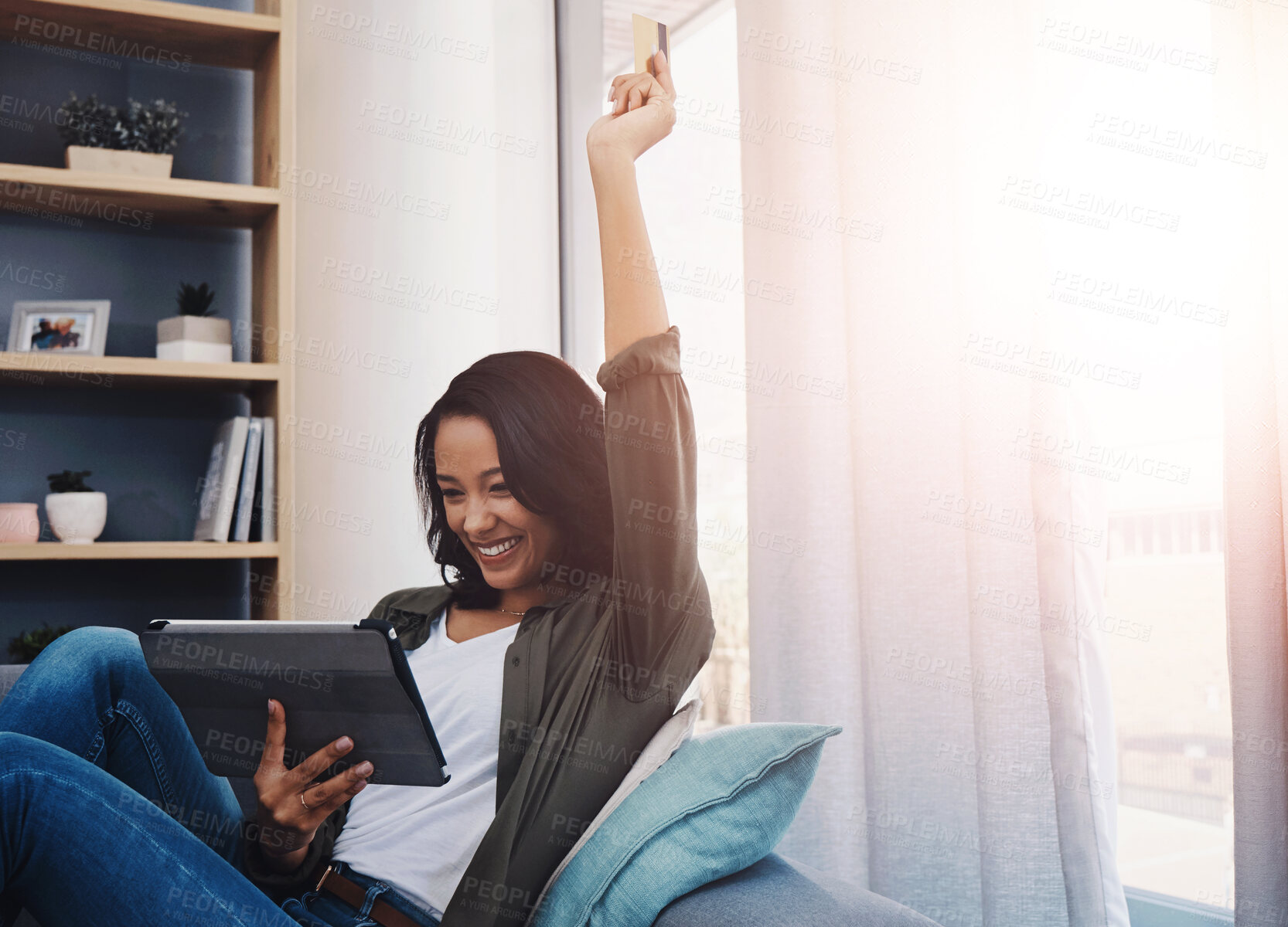 Buy stock photo Woman, celebrating and excited with tablet on sofa, streaming and happy for movie or series plot twist. Online, website winner or achievement for internet raffle, living room and email notification