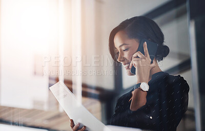 Buy stock photo Business, woman and happy in phone call with document or contract for discussion or agreement terms. Female employee, office and smile as lawyer with legal paperwork in consultation and advice