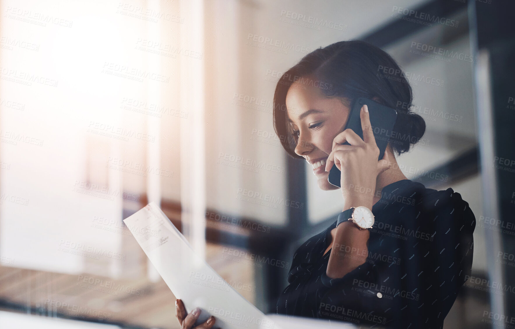 Buy stock photo Business, woman and happy in phone call with document or contract for discussion or agreement terms. Female employee, office and smile as lawyer with legal paperwork in consultation and advice