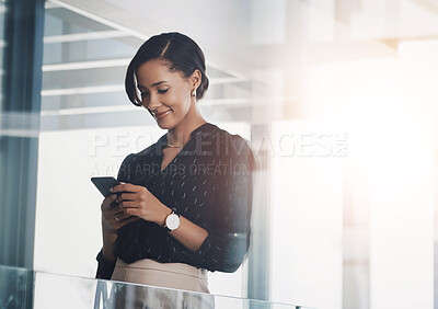 Buy stock photo Legal, happy or businesswoman in modern office with phone or connection for text message, news or chat. Advisor, lawyer or consultant typing on mobile app for reading case schedule, email or advice 