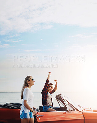 Buy stock photo Friends, woman and travel in car at beach with freedom, scenery and fun adventure with mockup space. Road trip, people and convertible vehicle on coast at ocean for sightseeing, journey and bonding