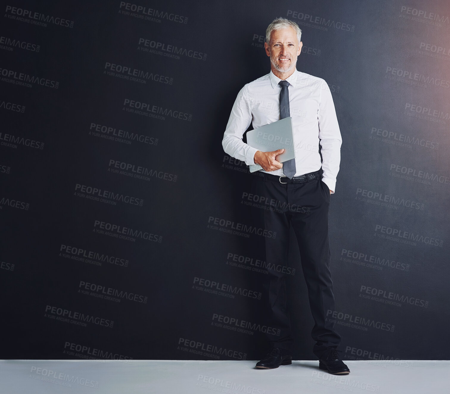 Buy stock photo Mature man, laptop and business by wall for mockup space with smile, pride or portrait in corporate career. Person, executive or actuary with computer, happy and job at insurance agency in Australia