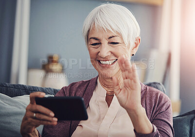 Buy stock photo Video call, senior woman or wave at phone for hello, communication or online consultation in nursing home. Connection, female retiree or smile with tech for catch up, telehealth or long distance chat