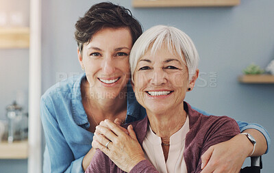 Buy stock photo Senior woman, daughter and portrait in home with hug for family, love and support for retirement. Female people, happiness and together in house with care or kindness, mom with child for relax