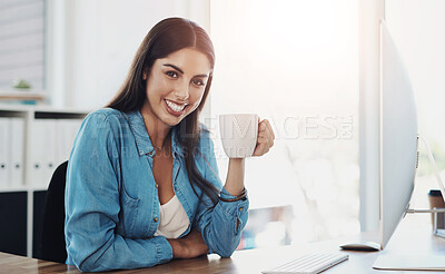 Buy stock photo Creative employee, woman with coffee and smile in portrait, digital journalist startup with copywriter. Happy, working and relax with lunch break, professional and modern news office workplace