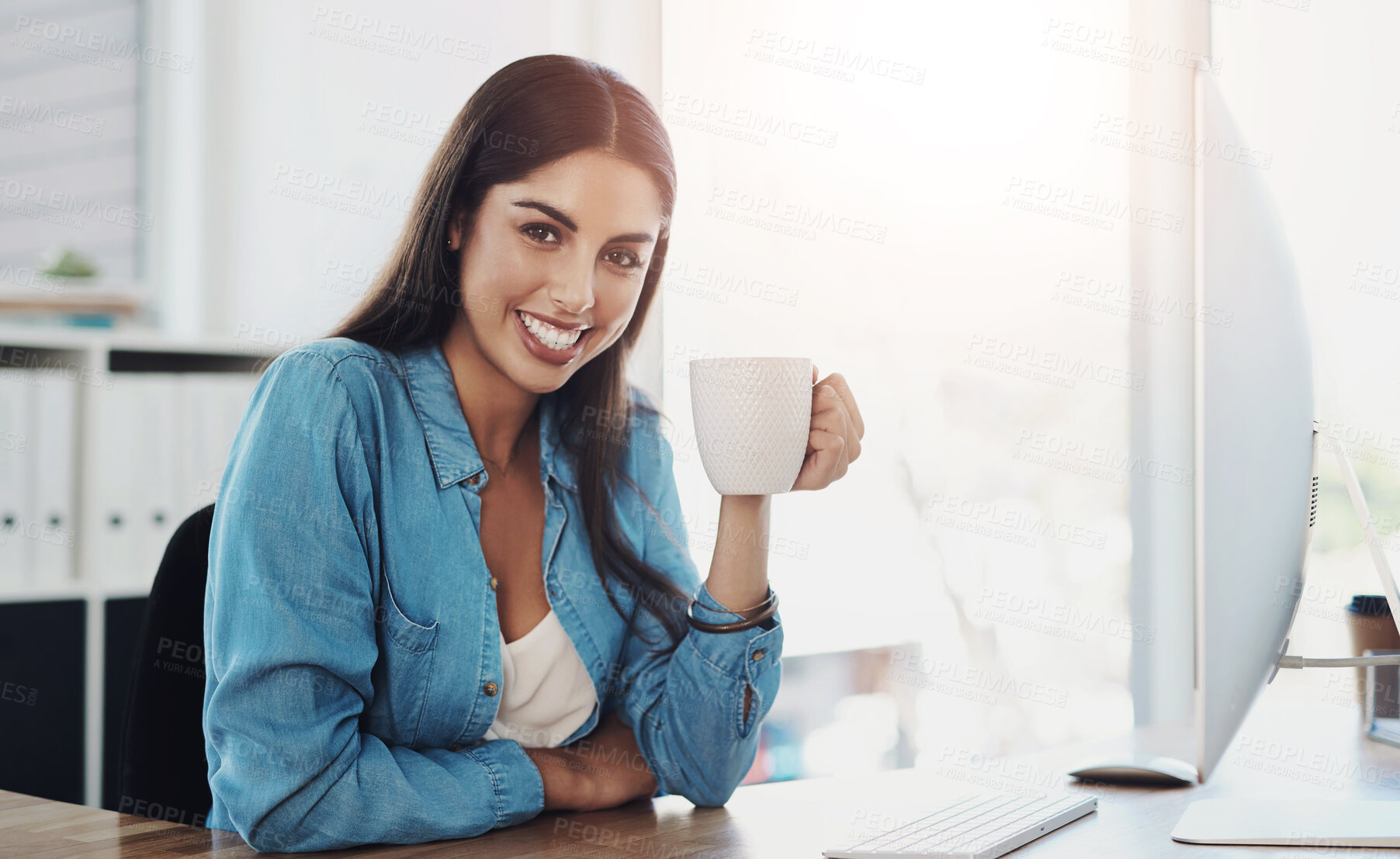 Buy stock photo Creative employee, woman with coffee and smile in portrait, digital journalist startup with copywriter. Happy, working and relax with lunch break, professional and modern news office workplace