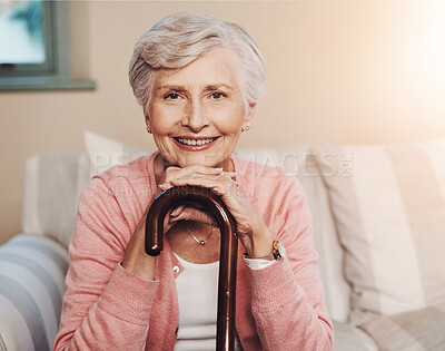 Buy stock photo Portrait, elderly woman and relax with walking stick in nursing home, retirement and peace of memory. Smile, female person and support with disability, care and assistance for wellness at house