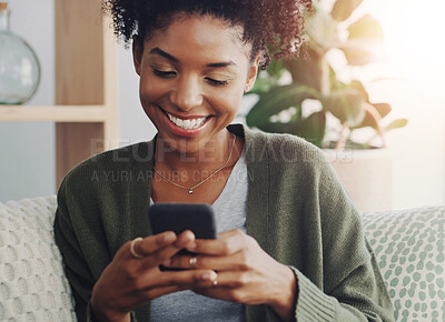 Buy stock photo Black woman, smartphone and happy in home for social media, application and connection with smile. Female person, technology and cheerful for good news, update or email in house on weekend or day off