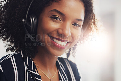 Buy stock photo Portrait, telemarketing and black woman with call center, headphones and customer service. Friendly agent, insurance consultant and employee with headset, tech support and contact us with help desk