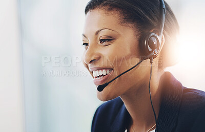 Buy stock photo Woman, happy and call centre in office with headsets, talking and outbound calls with company representative. Virtual conversation, help desk and customer service consultant, business and support