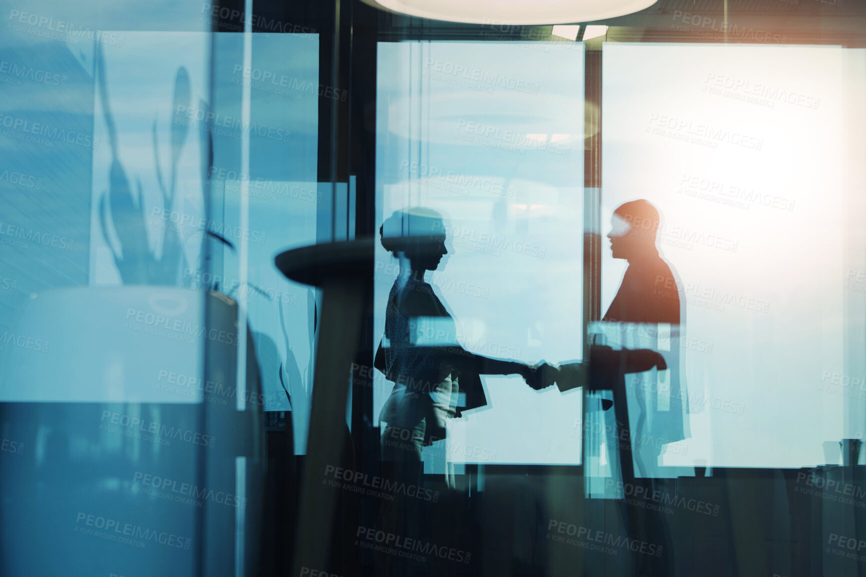 Buy stock photo Silhouette, woman and man with handshake in office for meeting, b2b interview or onboarding opportunity. Agreement, deal and business people shaking hands in welcome, introduction or partnership