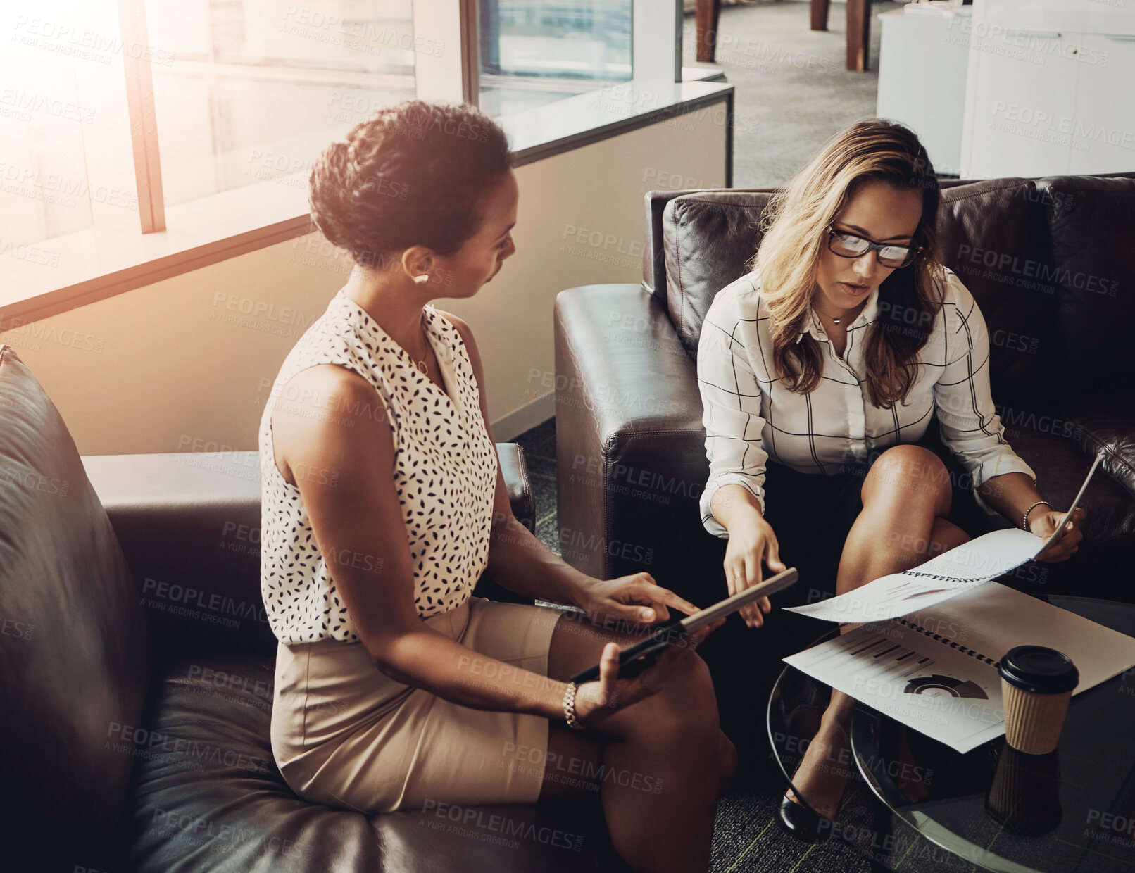 Buy stock photo Collaboration, planning and tablet with business people meeting in office for financial growth or management. Corporate, economy and review with employee women in lobby of workplace for investment