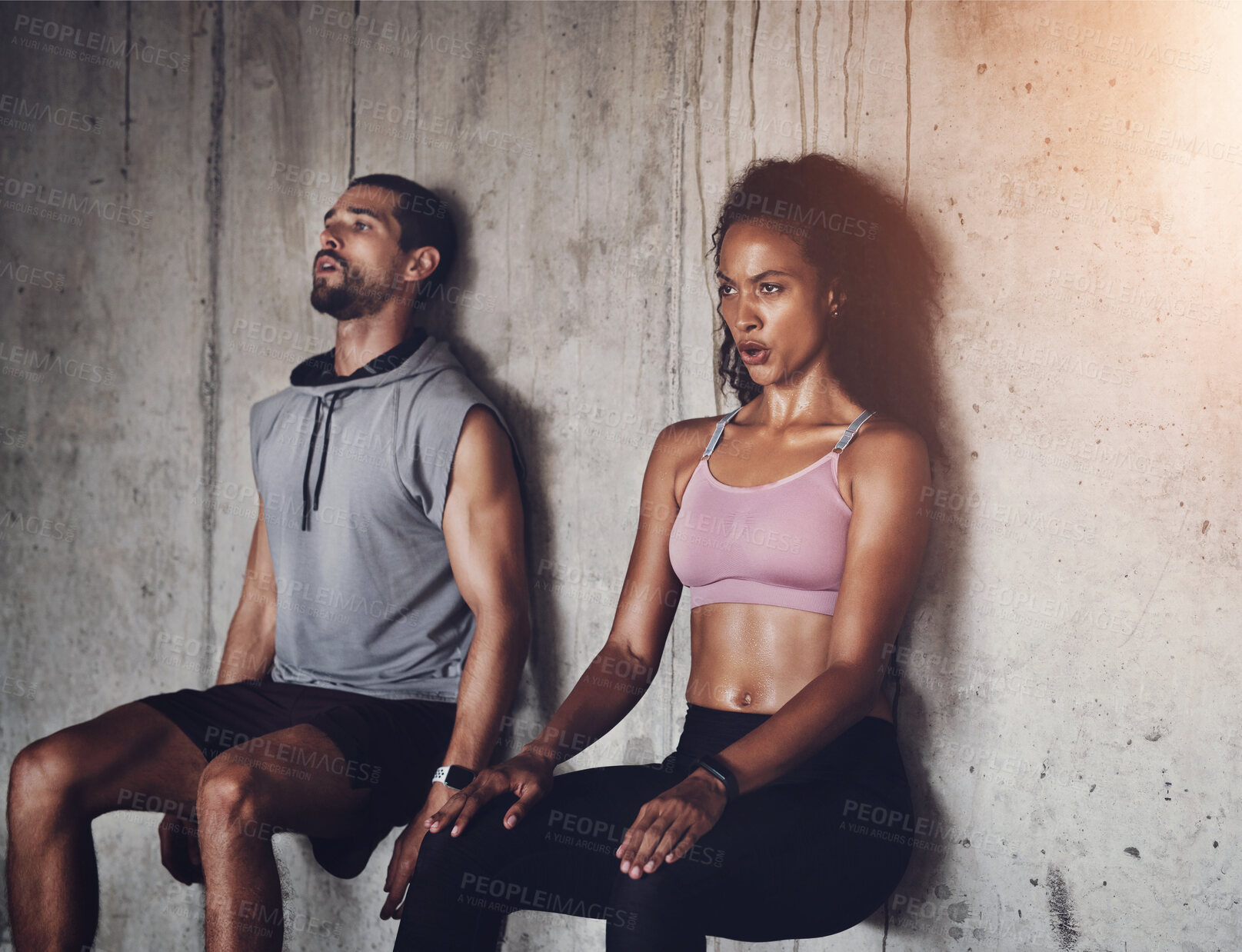 Buy stock photo Tired, exercise and woman with man by wall for fitness workout, challenge or rest together. Exhausted, coach and athlete people with thinking of sports for training break, pause or breathe in fatigue