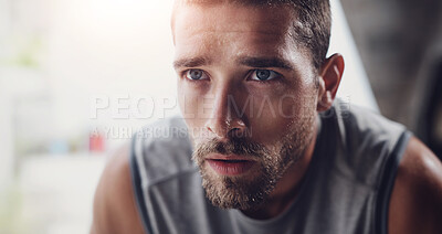 Buy stock photo Rest, breathing and man with fitness break outdoor from workout, sport and training. Tired, determination and wellness of athlete with closeup, relax and exercise in the city with breathe recovery