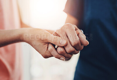 Buy stock photo Senior mom, daughter and holding hands for kindness with mental health, empathy and hope for cancer diagnosis. Elderly mother, woman and support with sorry, love together and compassion in retirement