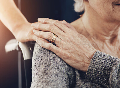 Buy stock photo Senior woman, hands and nurse with support for healthcare, empathy or trust in elderly care or retirement at home. Closeup of people, caregiver or touching person with a disability for love at house