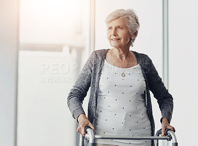 Buy stock photo Thinking, patient and senior woman with walker in retirement home for remember, memory or support. Health, recovery and elderly person with assistance for balance, wondering or physical therapy