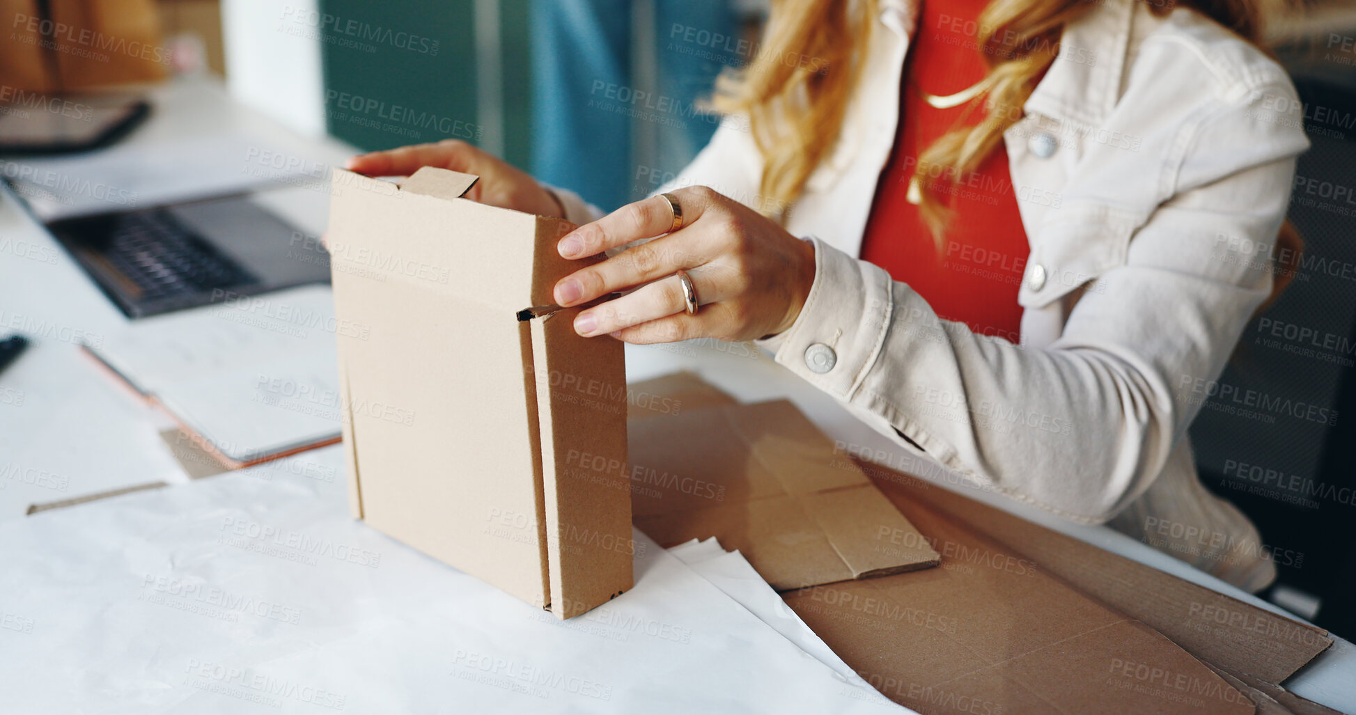 Buy stock photo Hands, industry and woman with package, box and parcel with ecommerce, startup and entrepreneur. Closeup, professional and worker with cardboard, logistics order and product with delivery and stock