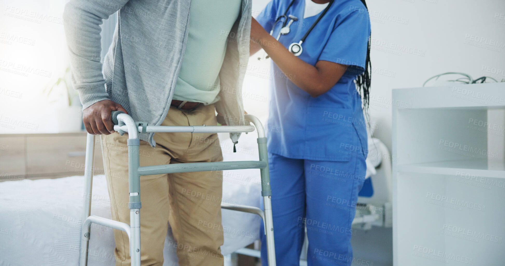 Buy stock photo Senior, man or nurse for support with walker in hospital and rehabilitation or assistance with physical therapy. Elderly, patient or caregiver with help for walking in clinic for mobility or wellness