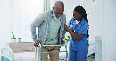 Buy stock photo Senior, man or nurse for helping with walker in hospital with rehabilitation or assistance in physical therapy. Elderly, patient or caregiver with walking support in clinic for mobility or wellness