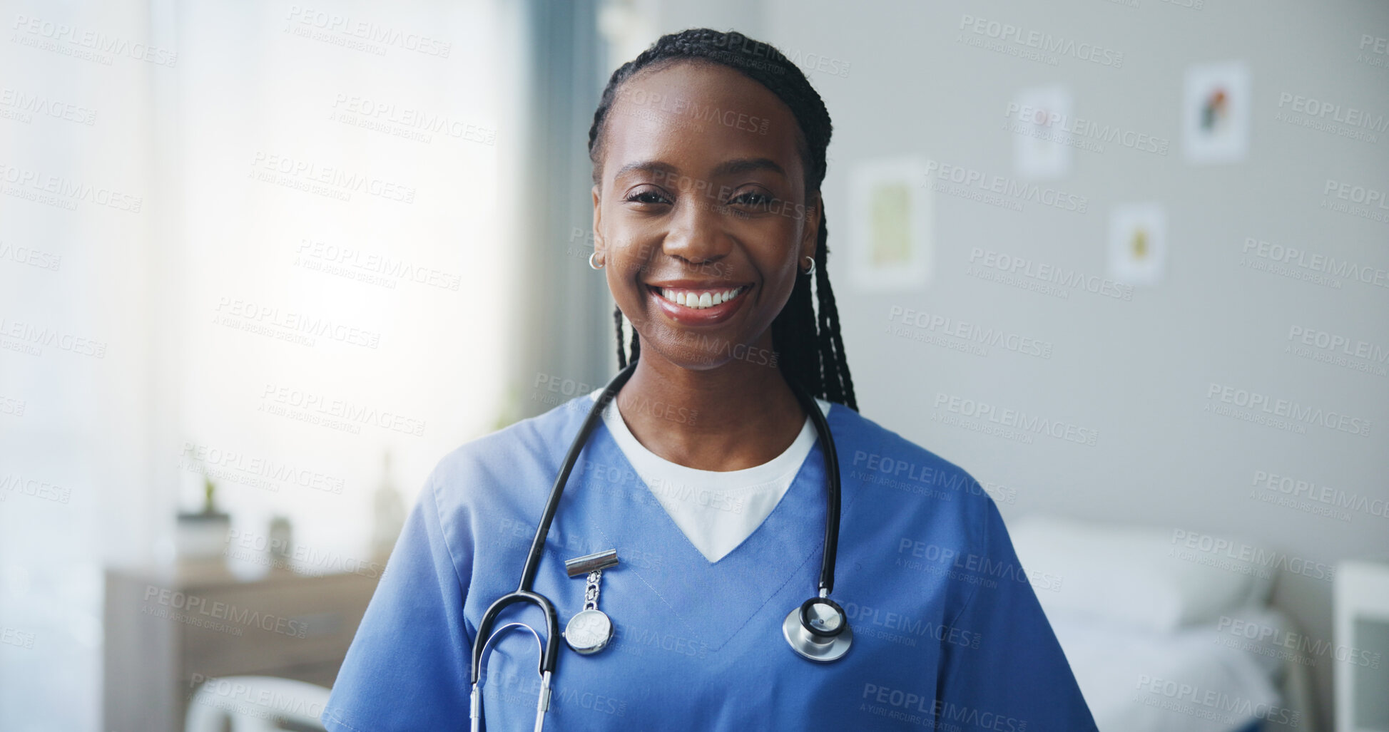 Buy stock photo Healthcare, black woman or nurse in portrait with stethoscope, medical help and wellness. Hospital, female employee or caregiver for support, assistance and consultation with pride in clinic
