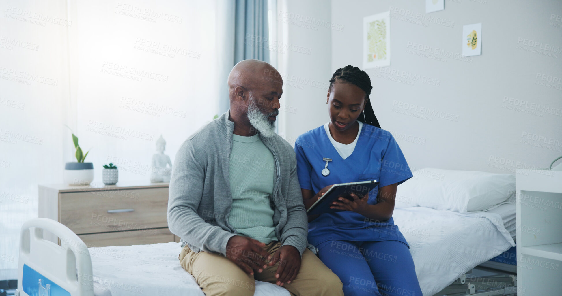 Buy stock photo Hospital, bed or tablet by nurse with senior man for insurance, questions or healthcare compliance checklist. Clinic, planning or surgeon with old patient and app for surgery, plan or digital payment