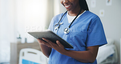 Buy stock photo Hands, tablet and doctor in hospital, healthcare or email with online reading, digital app or connection. Black woman, closeup or employee in medicare clinic, tech or network with internet or smile