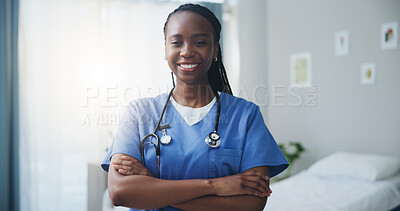 Buy stock photo Healthcare, nurse and portrait of black woman with arms crossed for medical care, service or career. Nursing home, pride and face of caregiver with smile for assisted living, support or happy at work