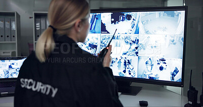 Buy stock photo Woman, radio and security guard speaking by cctv monitor for protection, building safety or data center. Inspection, video surveillance agency and control room with footage, computer and back view