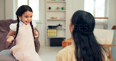 Buy stock photo Psychologist, child and helping with therapy for mental health on sofa with communication, discussion and happy. Therapist, girl and consultation with activity, listening and treatment on couch