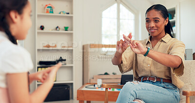 Buy stock photo Girl, child and therapist for speech therapy, communication and articulation practice for verbal disorder. Woman, kid and sign for technique or skill for vocal development, activity and exercise.