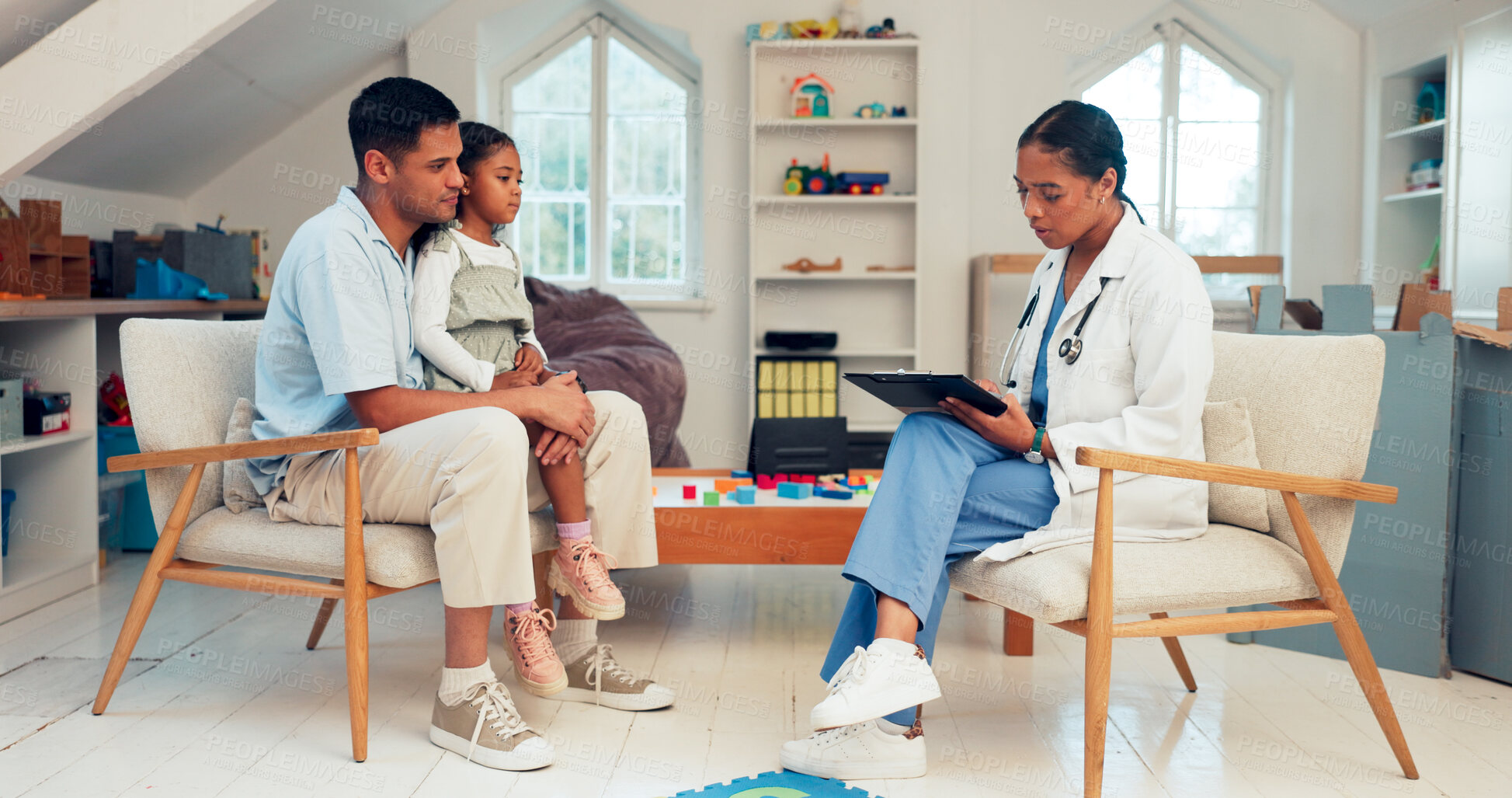 Buy stock photo Healthcare, father and kid with therapist for consultation, development and behavior progress for checkup. Dad, girl and psychologist with clipboard for checklist, record results and writing notes