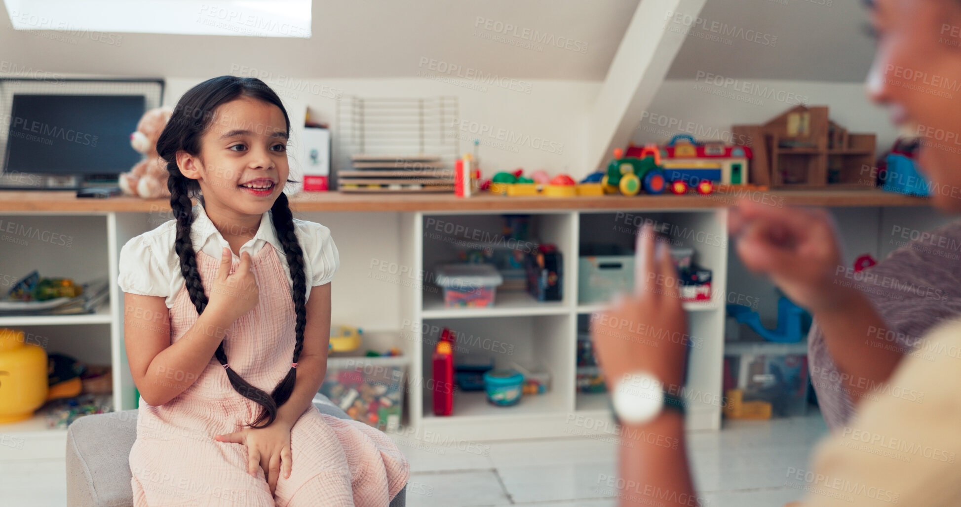 Buy stock photo Girl, kid and sign for speech therapy, communication and verbal practice for phonological disorder. Woman, child and happy for technique or skill for vocal development, activity and exercise.