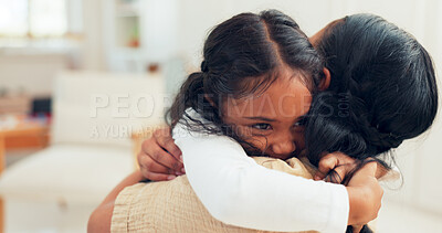 Buy stock photo Mother, girl and child hug with love in home for childhood affection, embrace and connection for bonding with care. Mom, daughter and together in house for security, safety and family relationship.