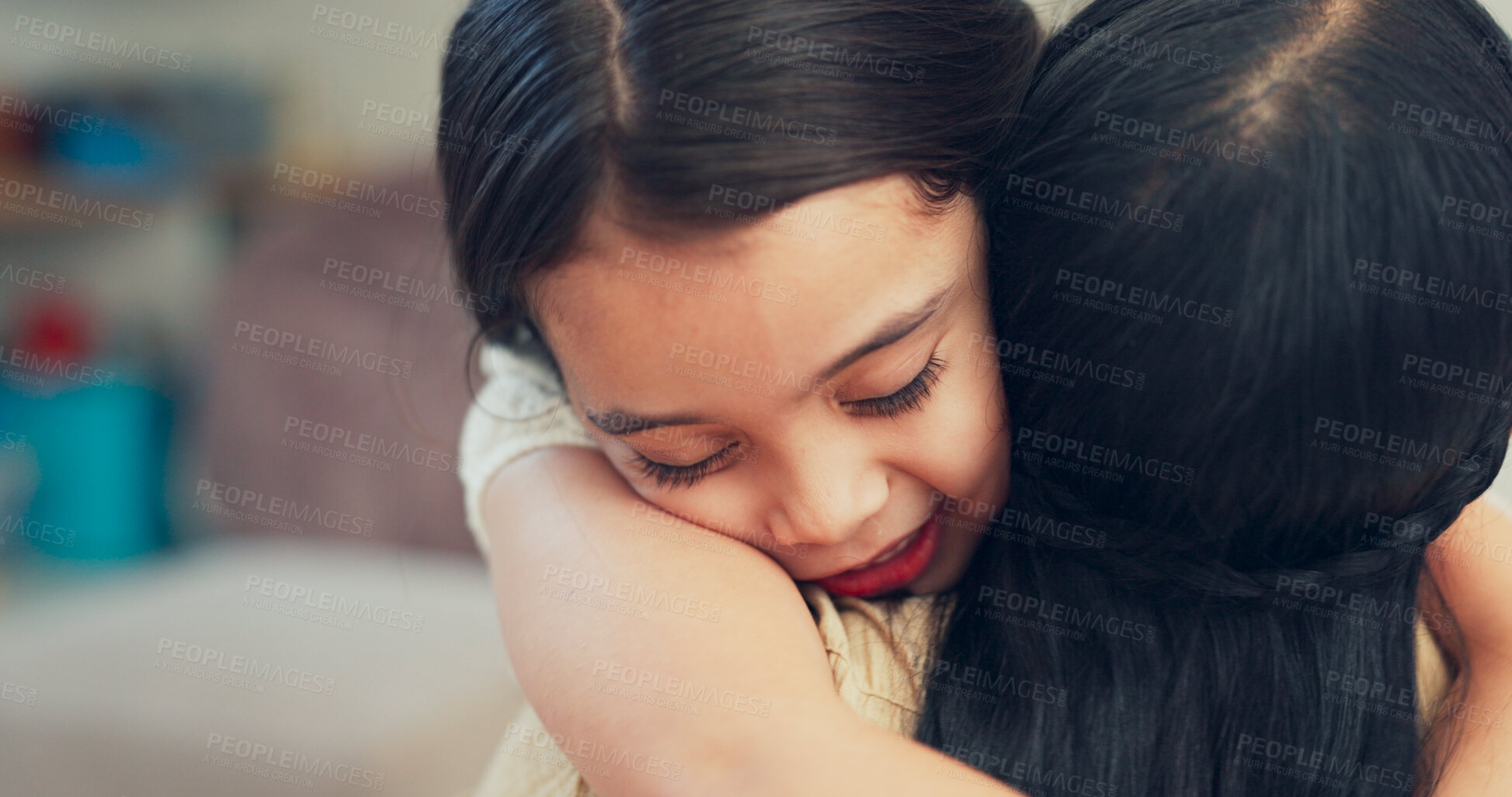 Buy stock photo Psychologist, girl and hug with therapy for mental health in clinic with communication, discussion and happy. Therapist, child and consultation with embrace, listening and treatment in office