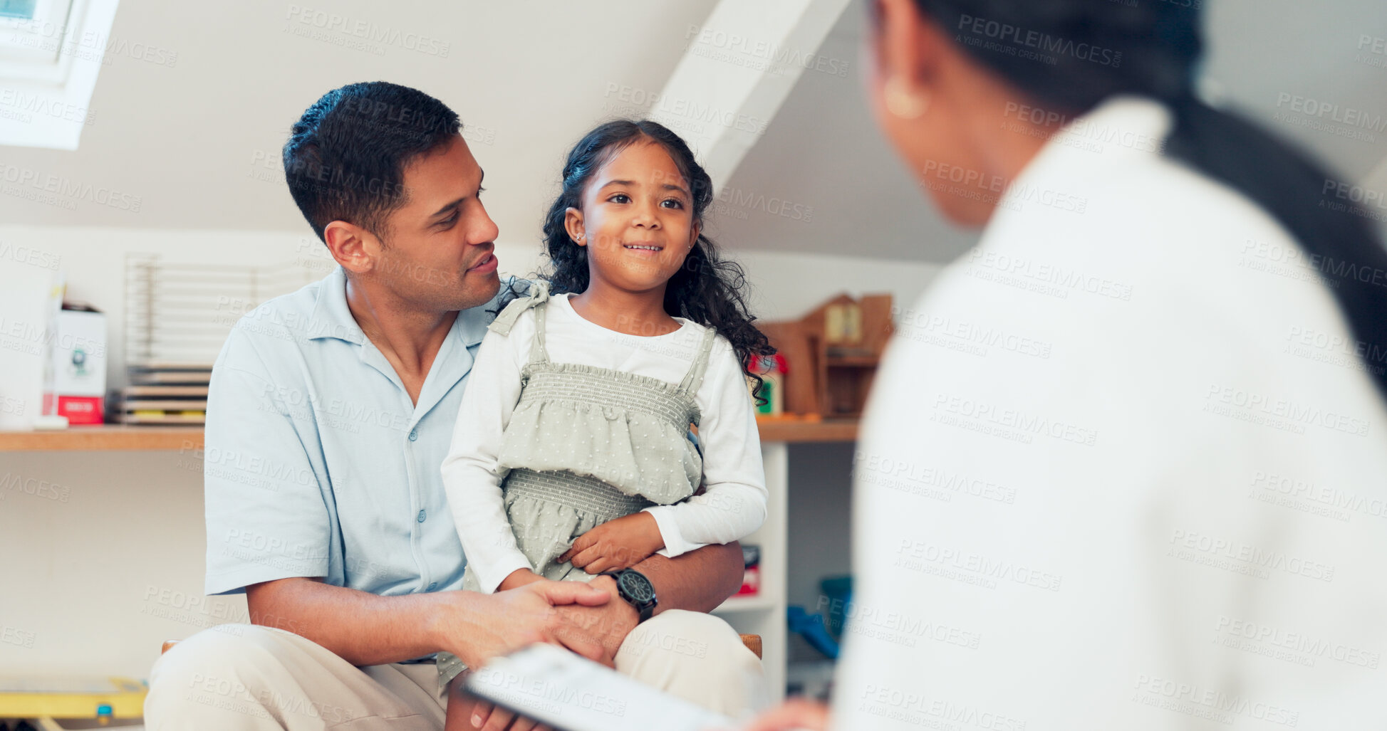 Buy stock photo Daughter, father and consultation with doctor, woman and happy for results, checklist and listen in clinic. Pediatrician, man and girl child with hug for support, progress and health at hospital