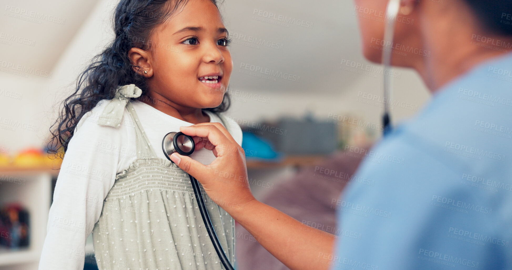 Buy stock photo Healthcare, girl and nurse with listening for stethoscope, checkup and heart sound for respiratory condition. Clinic, sick kid and pediatrician with medical equipment, cardiology test and diagnosis