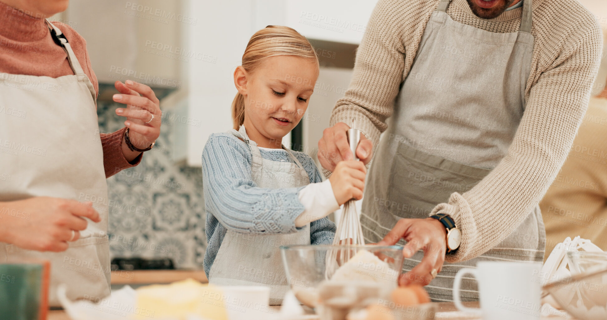 Buy stock photo Father, daughter and learning cooking skills for nutrition with parents in home for education. Kitchen counter, male person and girl in teaching, youth development and growth as family in bonding