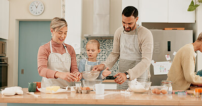 Buy stock photo Happy family, daughter and baking with bowl for mixing ingredients, bonding or hospitality together in kitchen at home. Mother and father teaching young baker, child or kid for dessert skill at house