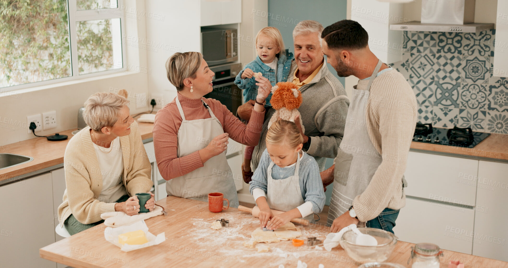 Buy stock photo Family, kids and learning cooking skills for nutrition with parents in home for education. Kitchen counter, happy people and girl in teaching, youth development and growth as community in bonding