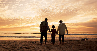 Buy stock photo Family, love and holding hands at beach in summer for relax, travel and vacation as silhouette. People, children and back at ocean with solidarity for holiday, walking and love together by sunset