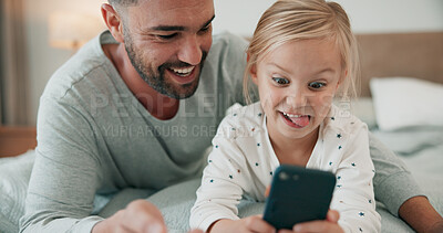 Buy stock photo Bed, funny face for selfie with father and daughter in home for bonding, communication or social media. App, silly or video call and man with girl child in bedroom of apartment for family post