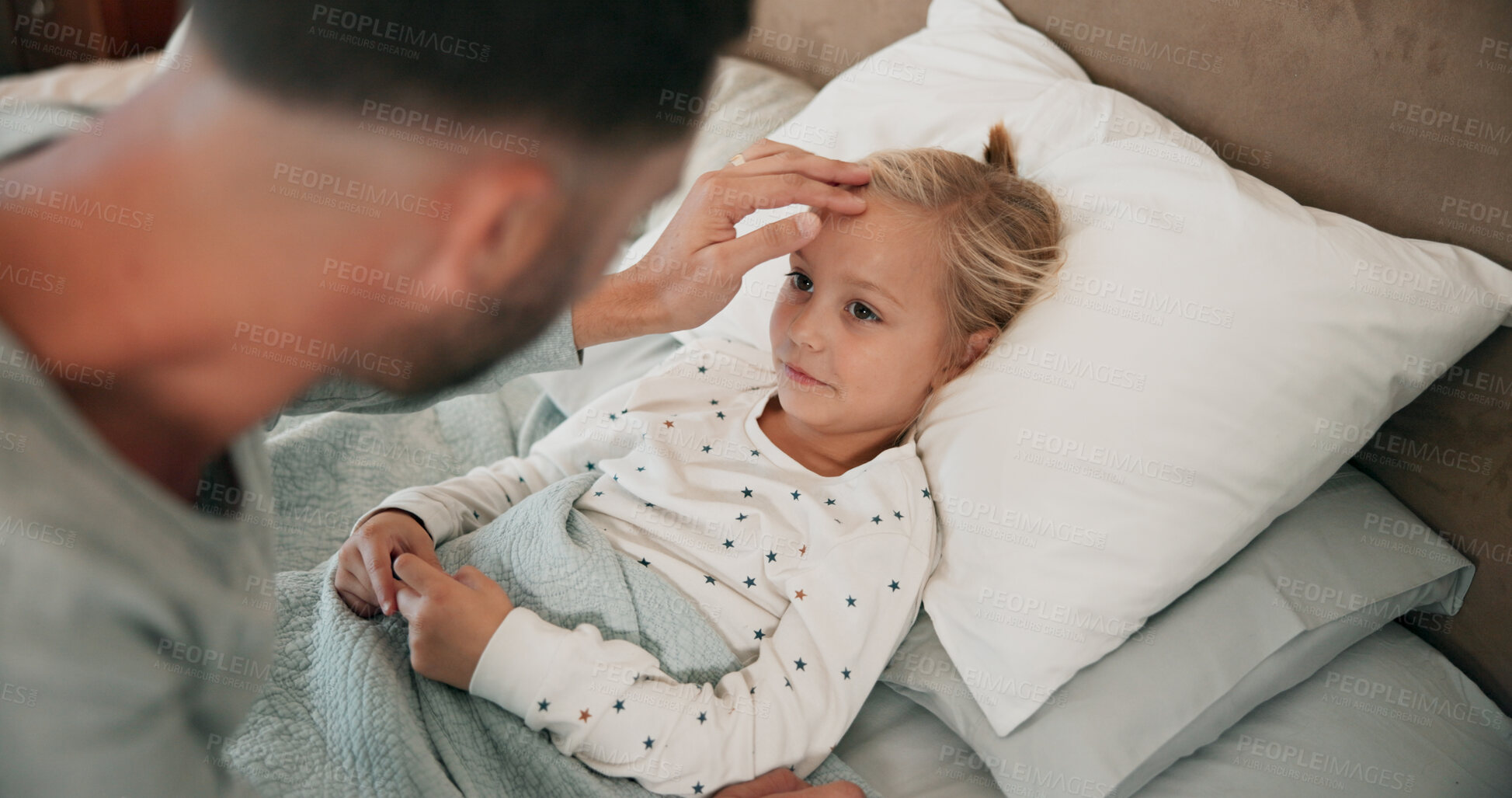 Buy stock photo Home, dad and sick girl in bed, cold flu and comfort with support, care and disease. Family, father and daughter in bedroom, pain and parent monitoring illness, fever and compassion with symptoms