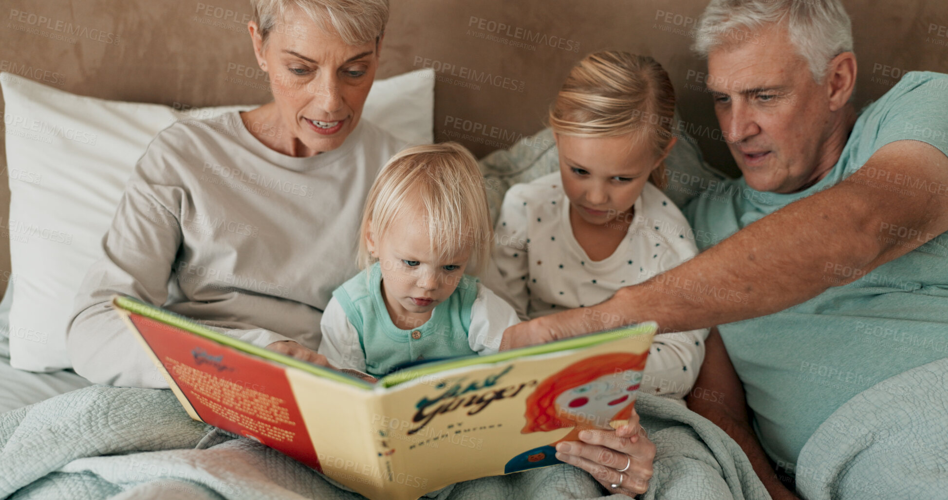 Buy stock photo Grandparents, children and reading book with story, fantasy and entertainment in home for education. Senior people, kids and learning for youth development, growth or scholarship as family in bonding