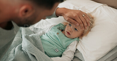 Buy stock photo Home, dad and ill girl in bed, cold flu and care with support, compassion and disease. Family, father and daughter in bedroom, pain and parent monitoring fever, comfort or sick with love in house